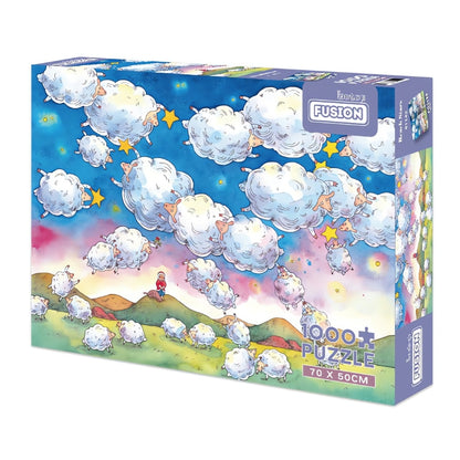 Reach Stars 1000 piece puzzle box featuring fluffy sheep flying among stars in a dreamy twilight sky.