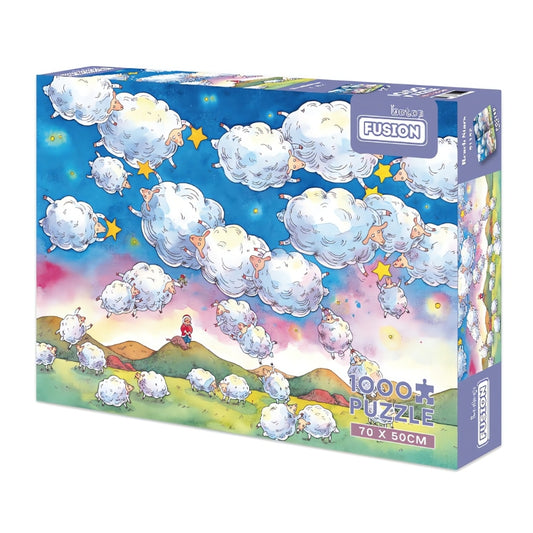 Reach Stars 1000 piece puzzle box featuring fluffy sheep flying among stars in a dreamy twilight sky.