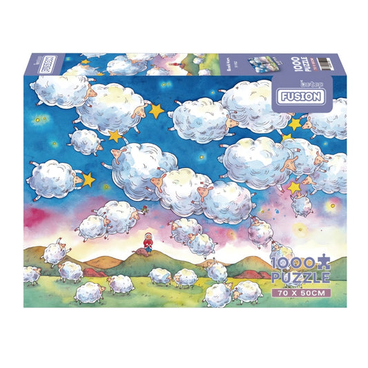 Reach Stars 1000 piece puzzle box featuring fluffy sheep flying among stars in a dreamy twilight sky.