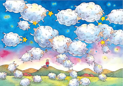 Completed Reach Stars puzzle with floating sheep, night sky, and a child on rolling green hills.