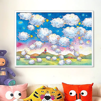 Framed Reach Stars puzzle displayed above a playful sofa with colourful plush toys and cushions.
