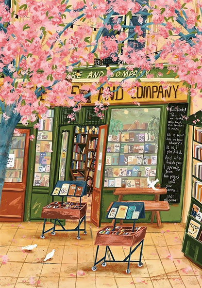 Illustration of a cosy bookshop with blooming sakura branches, book carts, and birds along a tiled path.
