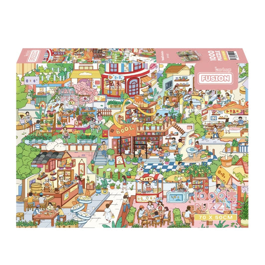 Small Streets 1000 piece puzzle box showing a lively town filled with bookstores, cafés, and local shops.