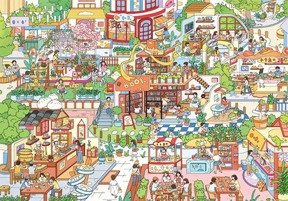 Completed Small Streets puzzle artwork featuring colourful street scenes and animated townspeople.