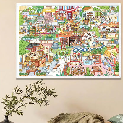 Framed Small Streets puzzle displayed in a cosy room with light decor and a touch of greenery.