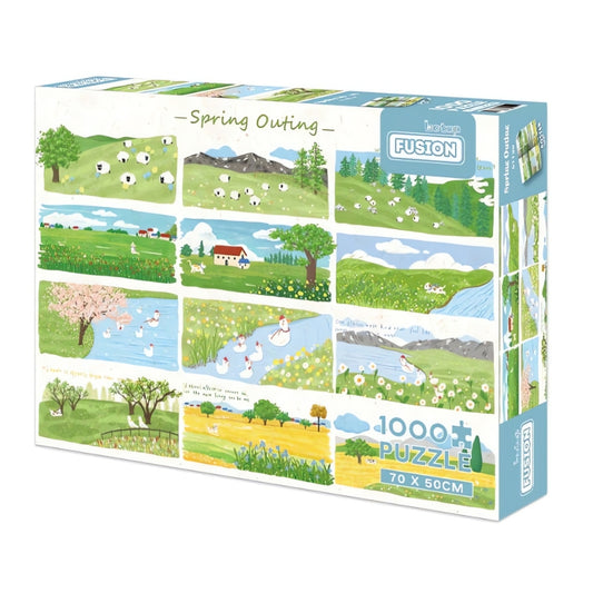 Spring Outing 1000 piece puzzle box featuring soft pastel panels of sheep, ducks, fields, and flowers.