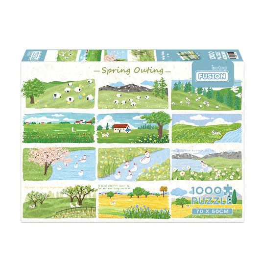 Spring Outing 1000 piece puzzle box featuring soft pastel panels of sheep, ducks, fields, and flowers.