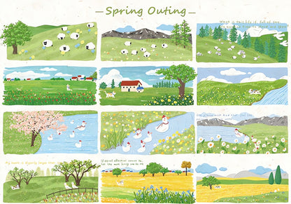Completed Spring Outing puzzle artwork with scenic spring panels of nature, animals, and blooming fields.