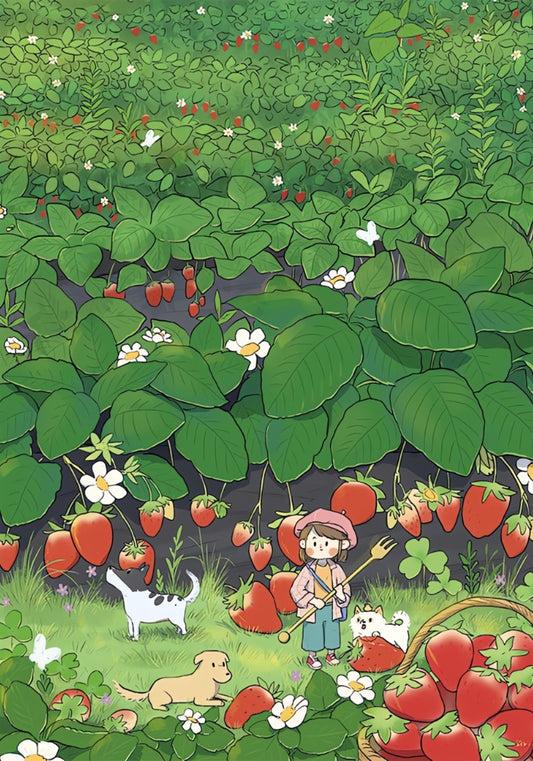 Girl with pets in a lush strawberry field filled with large red strawberries