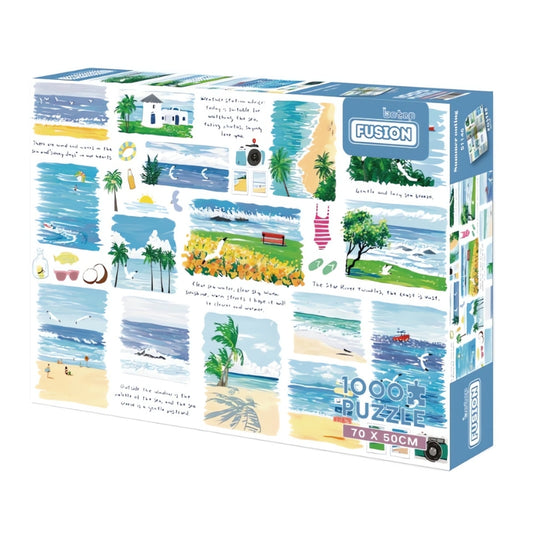 Summer Outing 1000 piece puzzle box with illustrated beach scenes, palm trees, and handwritten notes.