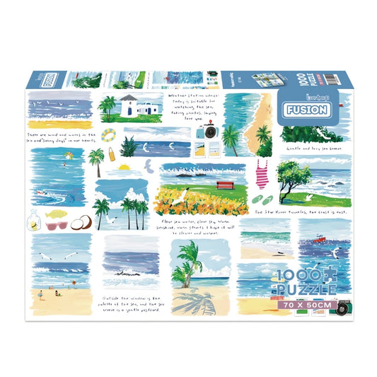 Summer Outing 1000 piece puzzle box with illustrated beach scenes, palm trees, and handwritten notes.