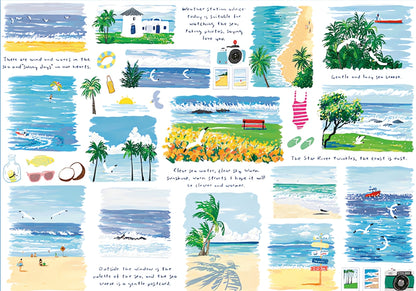 Completed Summer Outing puzzle with colourful sketches of seaside views, text, and tropical icons.