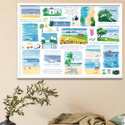 Framed Summer Outing puzzle hanging above a console table with greenery and textured decor.