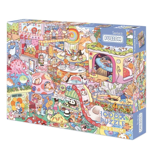 Wonderful World 1000 piece puzzle box with colourful cartoon scenes featuring animals and amusement park fun.