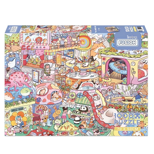 Wonderful World 1000 piece puzzle box with colourful cartoon scenes featuring animals and amusement park fun.