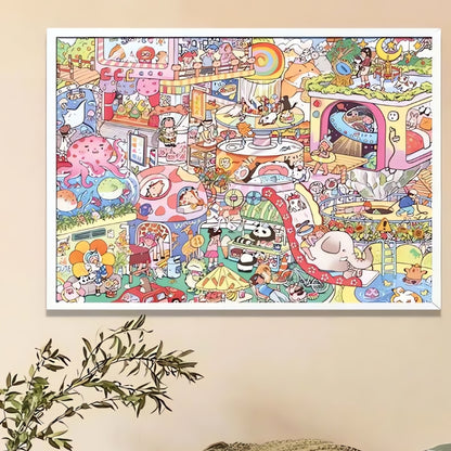 Framed Wonderful World puzzle displayed on a neutral wall above greenery and a rattan bench.