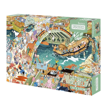 Working Drawings 1000 piece puzzle box featuring a busy, whimsical riverside town with detailed characters.