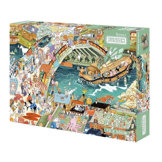 Working Drawings 1000 piece puzzle box featuring a busy, whimsical riverside town with detailed characters.
