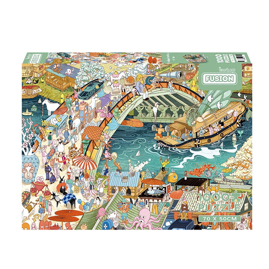 Working Drawings 1000 piece puzzle box featuring a busy, whimsical riverside town with detailed characters.