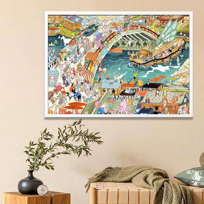 Framed Working Drawings puzzle artwork displayed in a cosy room with neutral tones and greenery.