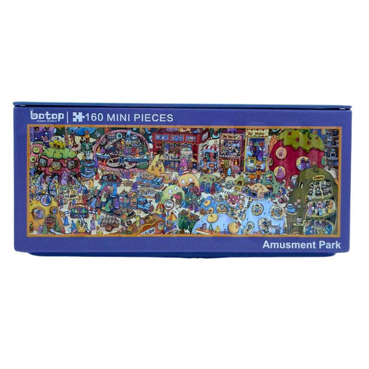 Mini puzzle container showing fun and colourful amusement park with rides and games