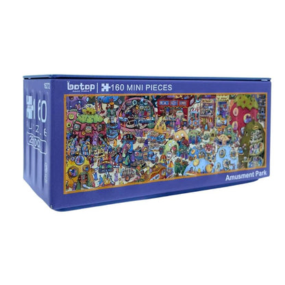 Mini puzzle container showing fun and colourful amusement park with rides and games