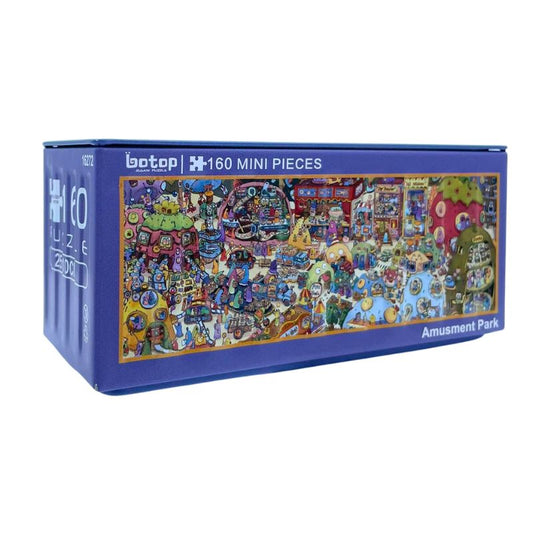 Mini puzzle container showing fun and colourful amusement park with rides and games