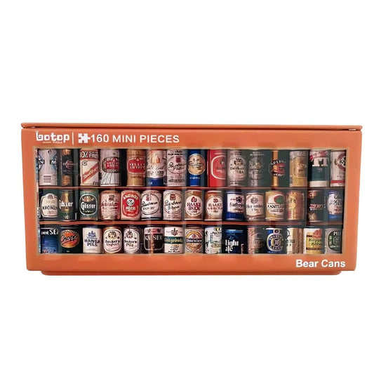Botop mini puzzle in orange box with vintage beer can collection image.