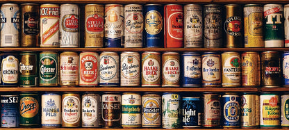 Puzzle of assorted vintage beer cans neatly arranged in rows.