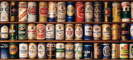 Puzzle of assorted vintage beer cans neatly arranged in rows.