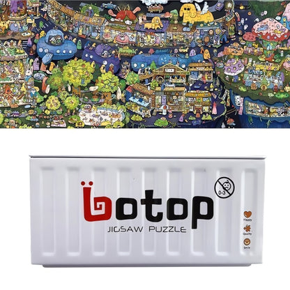 Botop mini puzzle showing colourful fantasy carnival scene with floating creatures and tiny detailed buildings.