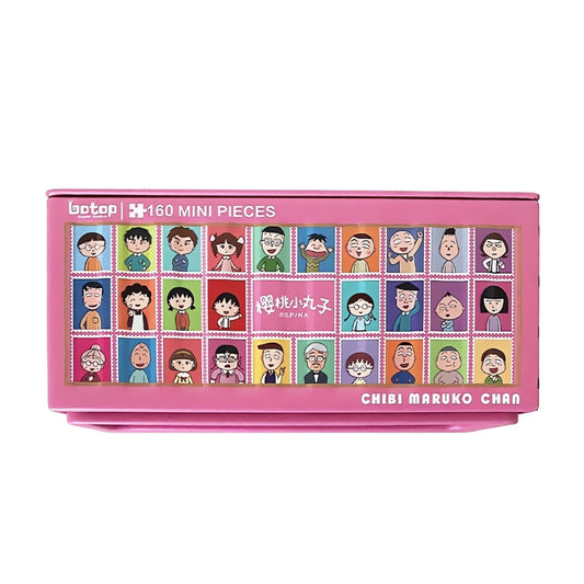 Botop mini puzzle in pink box featuring grid of Chibi Maruko-chan character faces.