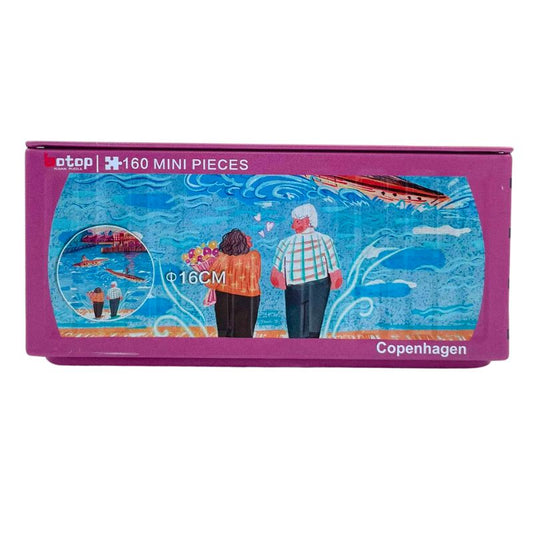 Mini puzzle tin featuring an elderly couple walking by the seaside in Copenhagen