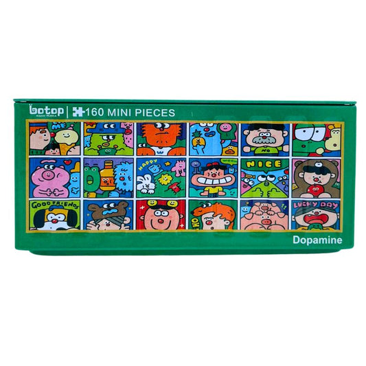 Mini puzzle tin showing a grid of colourful cartoon faces and fun messages