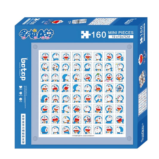 Front view of Botop Doraemon Profile mini puzzle box featuring a grid of Doraemon expressions and 160 pieces.