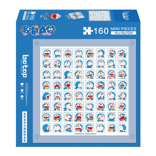 Front view of Botop Doraemon Profile mini puzzle box featuring a grid of Doraemon expressions and 160 pieces.
