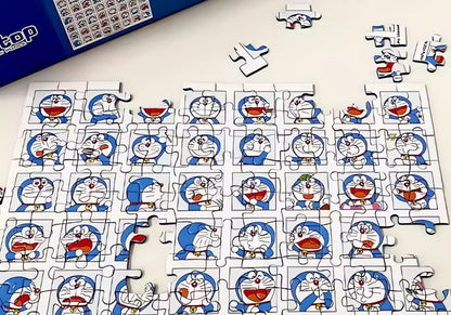 Close-up of Doraemon mini puzzle partially assembled on a table, showing various cartoon expressions.