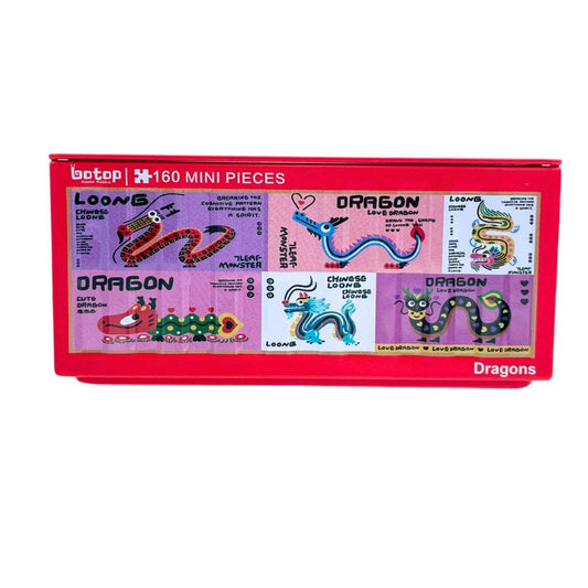 Mini puzzle tin with colourful dragon stamps and playful illustrations