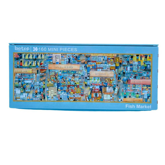 Botop 160 mini piece puzzle in a blue metal container featuring a colourful fish market scene.