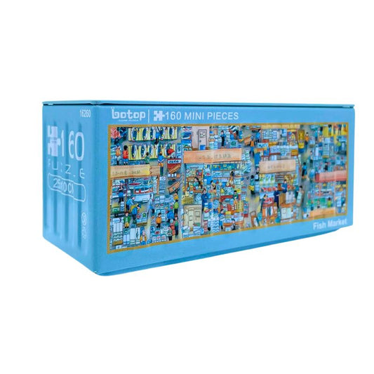Botop 160 mini piece puzzle in a blue metal container featuring a colourful fish market scene.