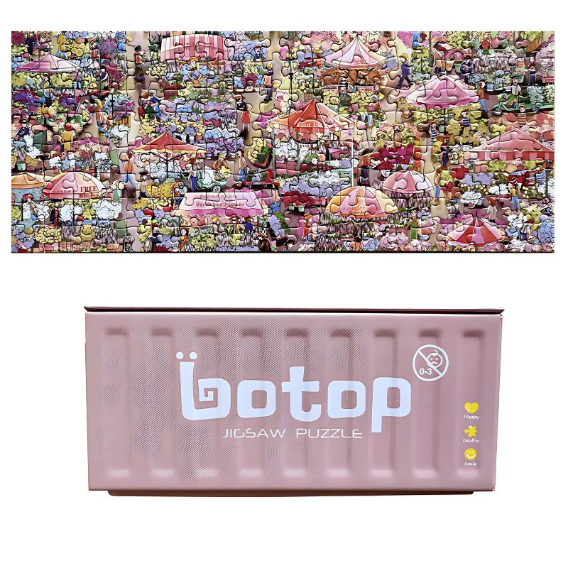 Completed Flower Market mini puzzle featuring a colourful market scene full of people, flowers, and pink tents, with a pink B