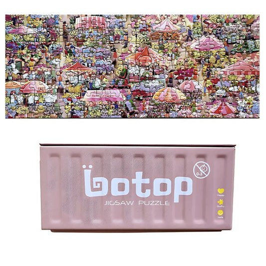 Completed Flower Market mini puzzle featuring a colourful market scene full of people, flowers, and pink tents, with a pink B
