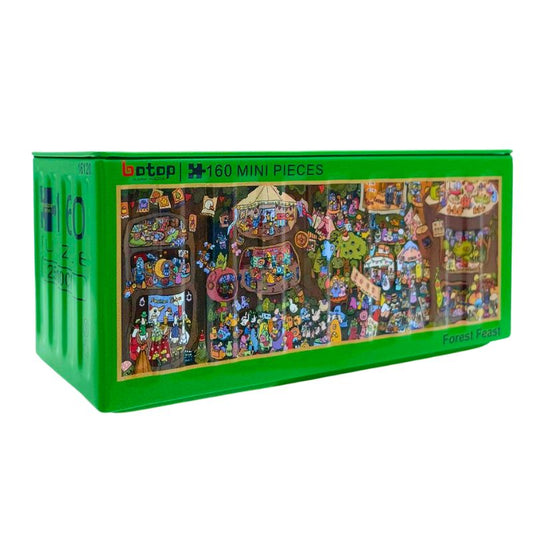 Forest Feast mini puzzle in a green Botop metal container with whimsical forest scene