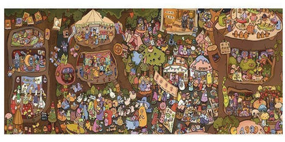 Colourful cartoon-style forest feast with animals gathered around treehouse markets and food stalls