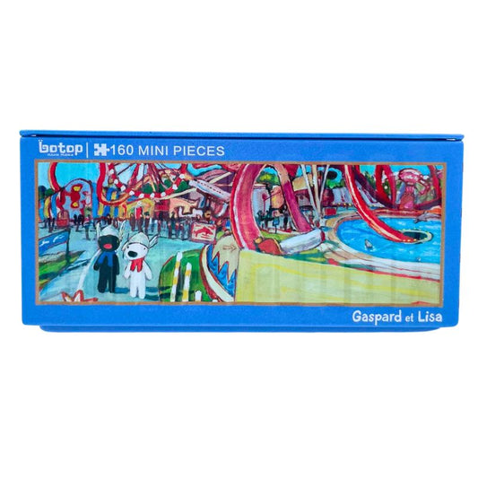 Botop mini puzzle in blue box with Gaspard and Lisa in a colorful amusement park scene.