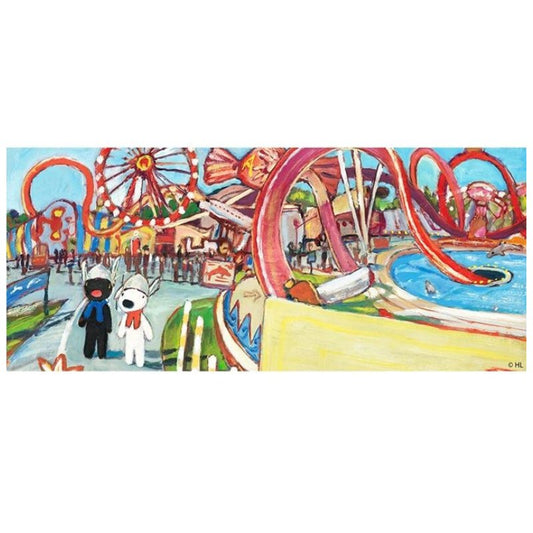 Theme park puzzle with Gaspard and Lisa amid bright rides and roller coasters.