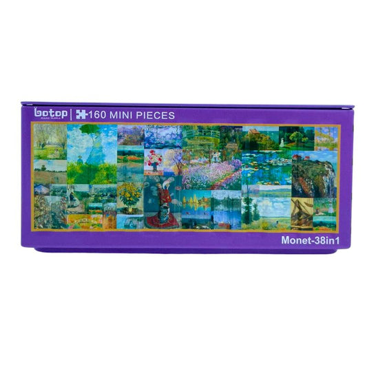 Monet 38-in-1 mini puzzle set in a purple metal container, showing a collage of famous Monet paintings.