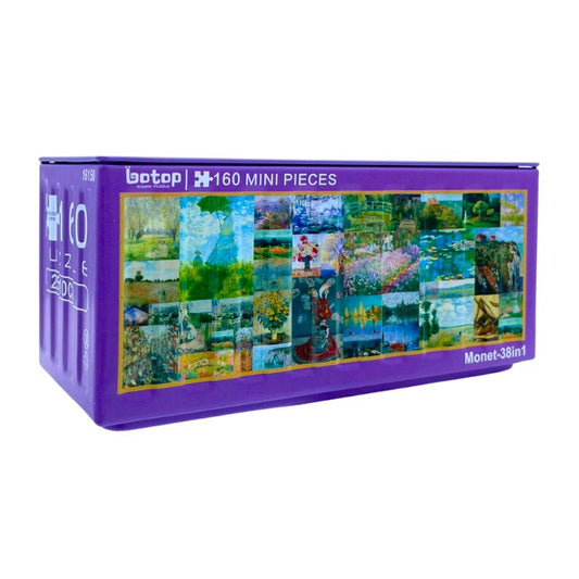 Monet 38-in-1 mini puzzle set in a purple metal container, showing a collage of famous Monet paintings.