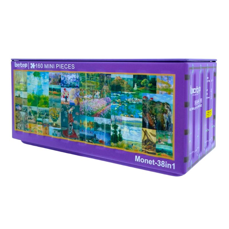 Monet 38-in-1 mini puzzle set in a purple metal container, showing a collage of famous Monet paintings.