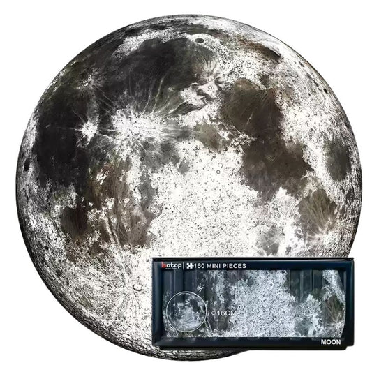 Realistic moon jigsaw puzzle with detailed craters and 160 mini pieces.